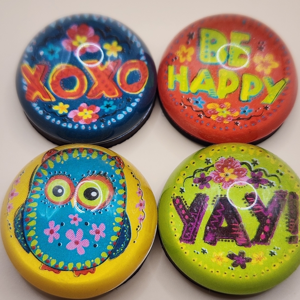 4 Cute Glass Dome Magnets Lot 1" Owl Love XOXO Be Happy Refrigerator Fridge - Picture 1 of 4